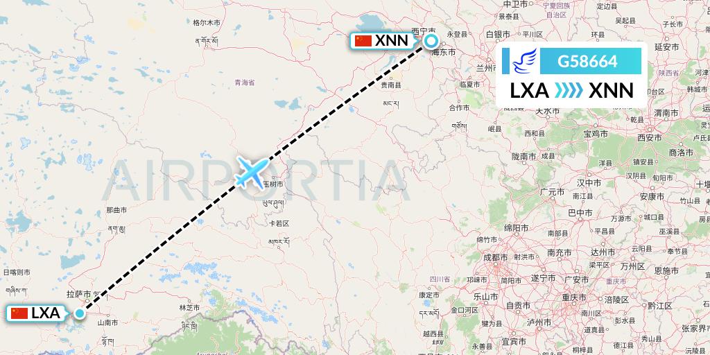 G58664 China Express Airlines Flight Map: Lhasa to Xining