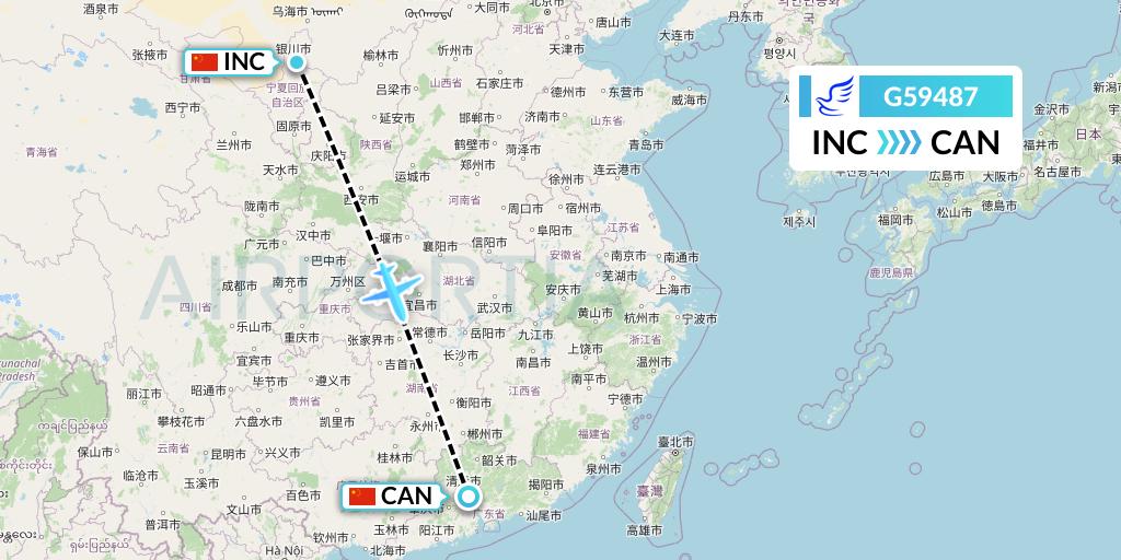 G59487 China Express Airlines Flight Map: Yinchuan to Guangzhou