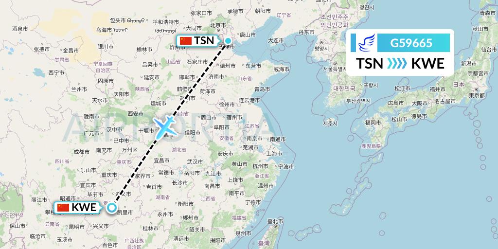 G59665 China Express Airlines Flight Map: Tianjin to Guiyang
