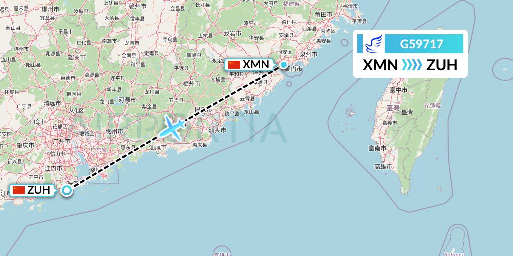 G59717 China Express Airlines Flight Map: Xiamen to Zhuhai