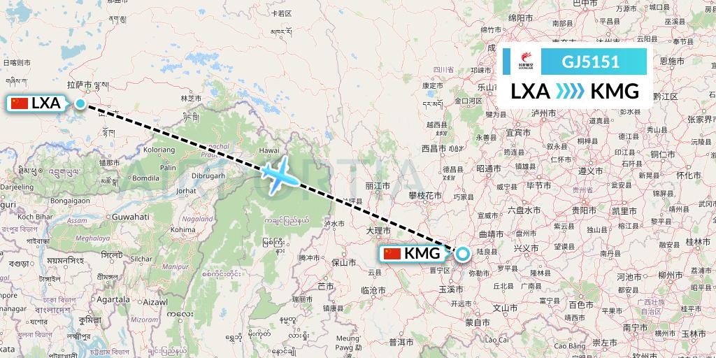 GJ5151 Loong Airlines Flight Map: Lhasa to Kunming