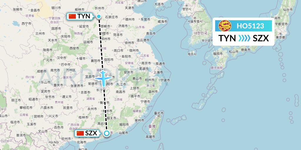 HO5123 Juneyao Airlines Flight Map: Taiyuan to Shenzhen