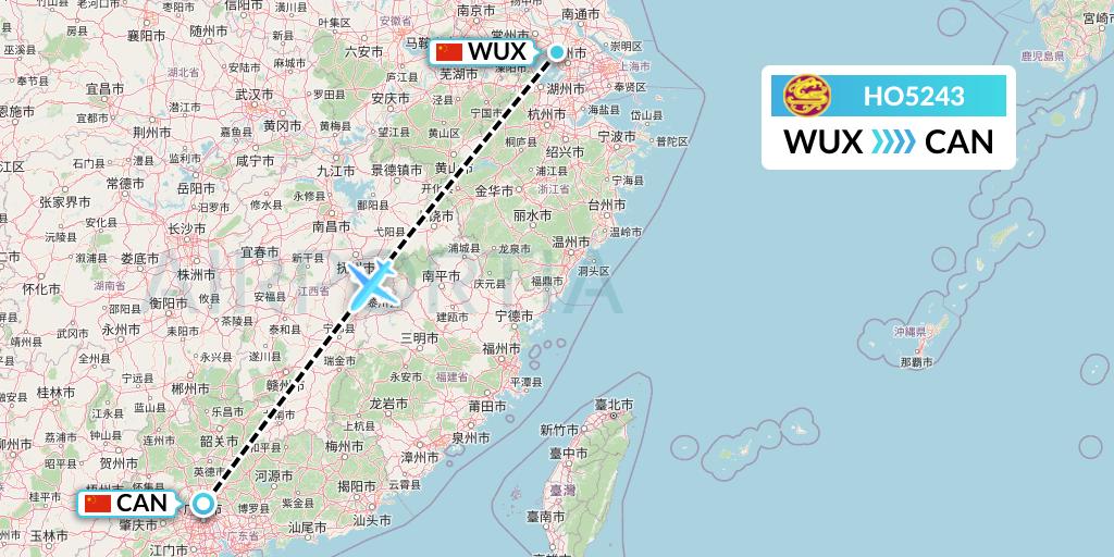 HO5243 Juneyao Airlines Flight Map: Wuxi to Guangzhou