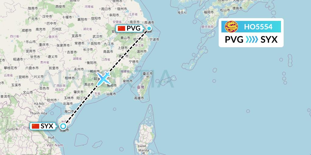 HO5554 Juneyao Airlines Flight Map: Shanghai to Sanya