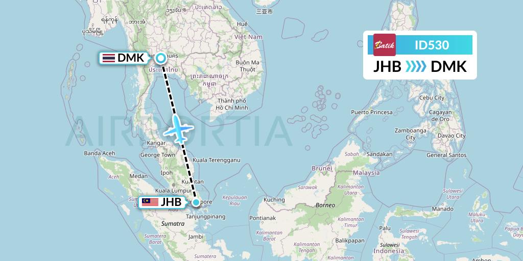 ID530 Batik Air Flight Map: Johor Bahru to Bangkok