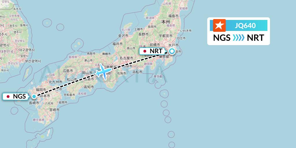 JQ640 Jetstar Airways Flight Map: Nagasaki to Tokyo