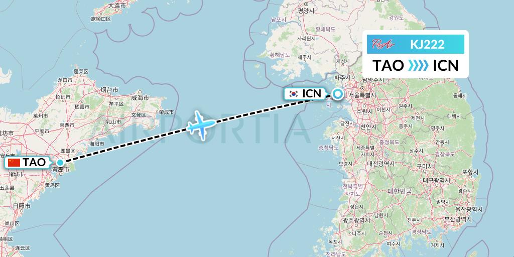 KJ222 Air Incheon Flight Map: Qingdao to Seoul
