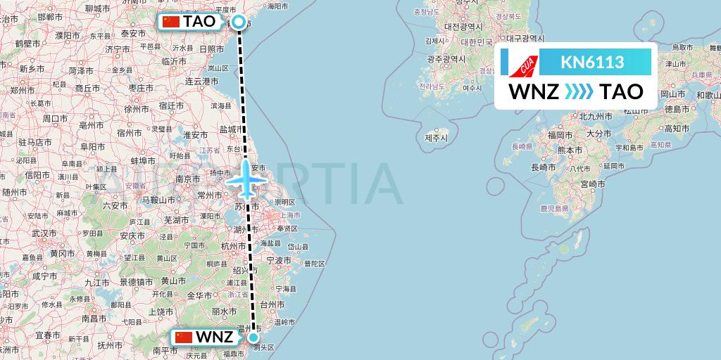 KN6113 China United Airlines Flight Map: Wenzhou to Qingdao