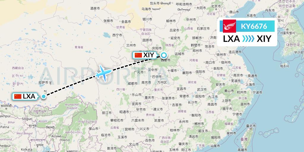 KY6676 Kunming Airlines Flight Map: Lhasa to Xi'an