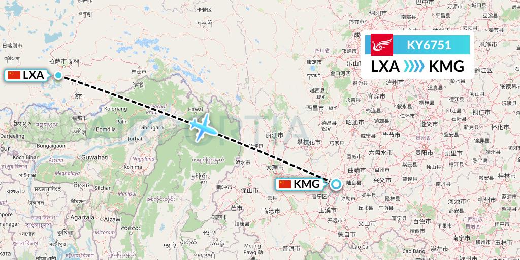 KY6751 Kunming Airlines Flight Map: Lhasa to Kunming