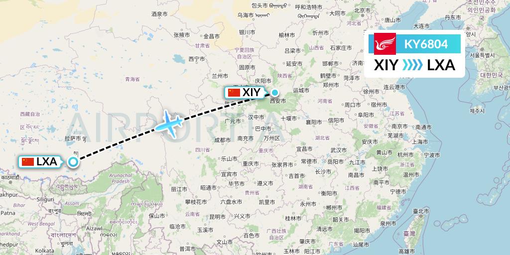 KY6804 Kunming Airlines Flight Map: Xi'an to Lhasa
