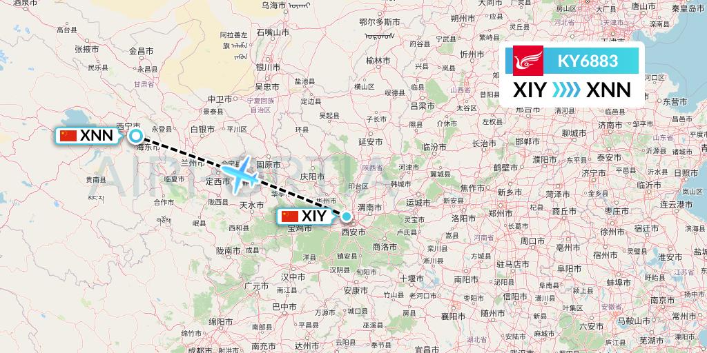 KY6883 Kunming Airlines Flight Map: Xi'an to Xining