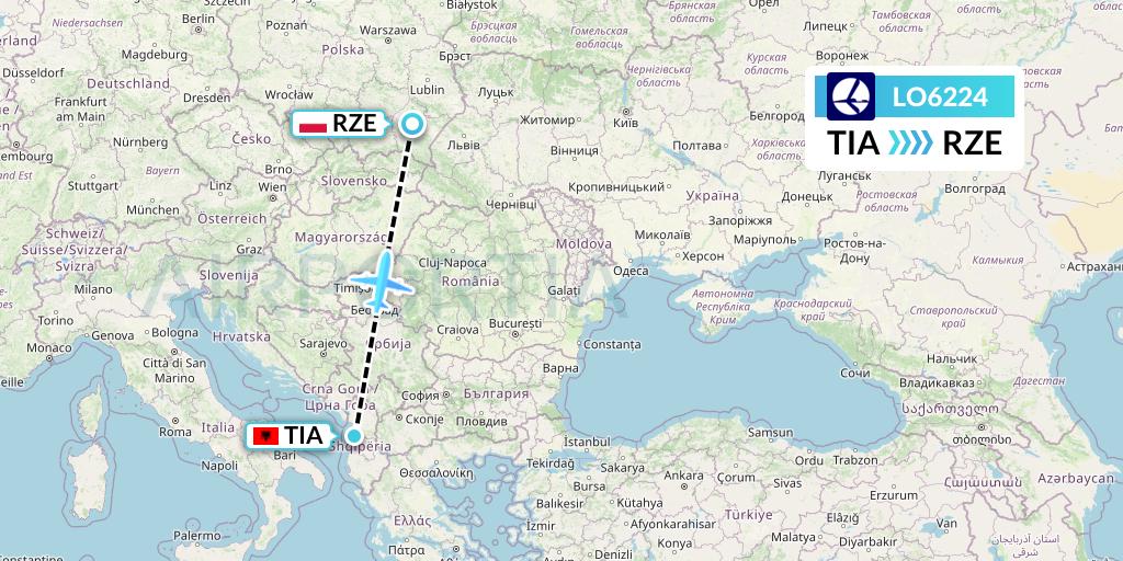 LO6224 LOT Flight Map: Tirana to Rzeszow