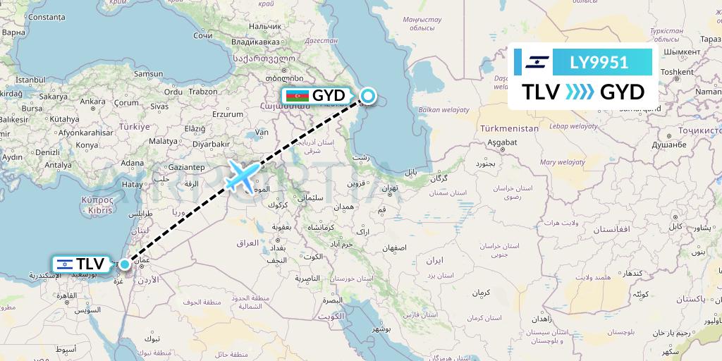 LY9951 El Al Flight Map: Tel Aviv to Baku