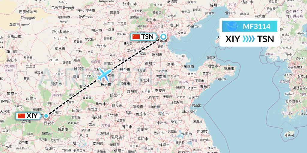 MF3114 Xiamen Airlines Flight Map: Xi'an to Tianjin