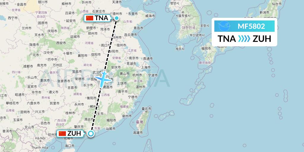 MF5802 Xiamen Airlines Flight Map: Jinan to Zhuhai