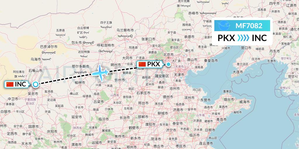 MF7082 Xiamen Airlines Flight Map: Beijing to Yinchuan