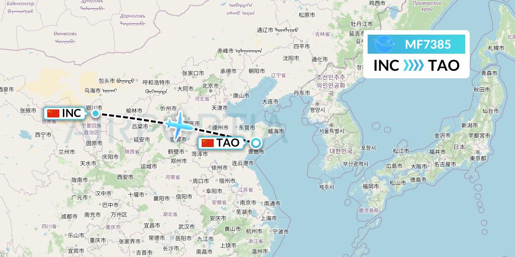 MF7385 Xiamen Airlines Flight Map: Yinchuan to Qingdao