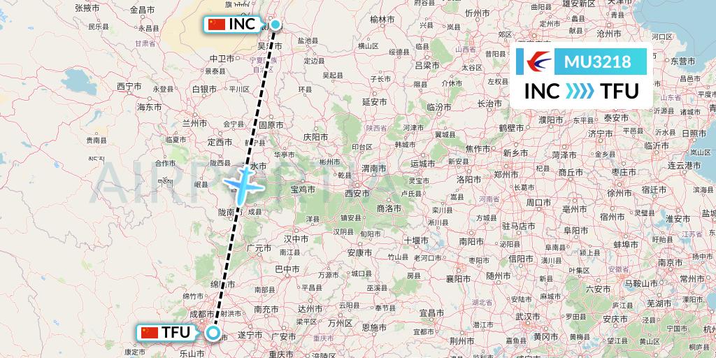 MU3218 China Eastern Airlines Flight Map: Yinchuan to Chengdu