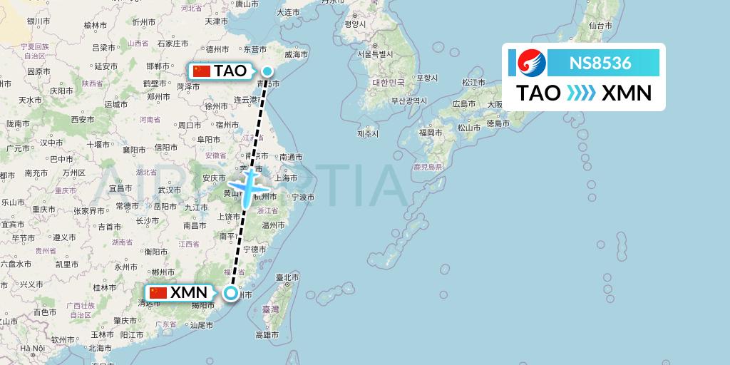 NS8536 Hebei Airlines Flight Map: Qingdao to Xiamen