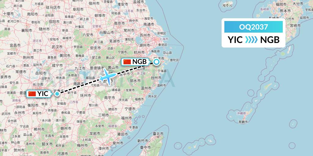 OQ2037 Chongqing Airlines Flight Map: Yichun to Ningbo