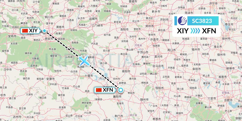 SC3823 Shandong Airlines Flight Map: Xi'an to Xiangyang