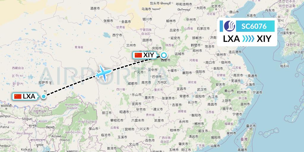 SC6076 Shandong Airlines Flight Map: Lhasa to Xi'an
