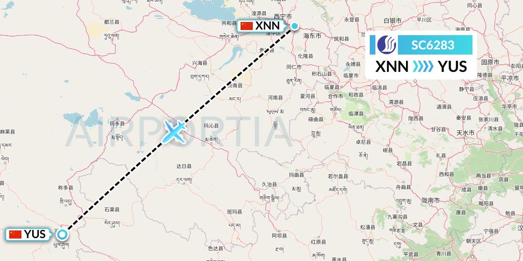SC6283 Shandong Airlines Flight Map: Xining to Yushu