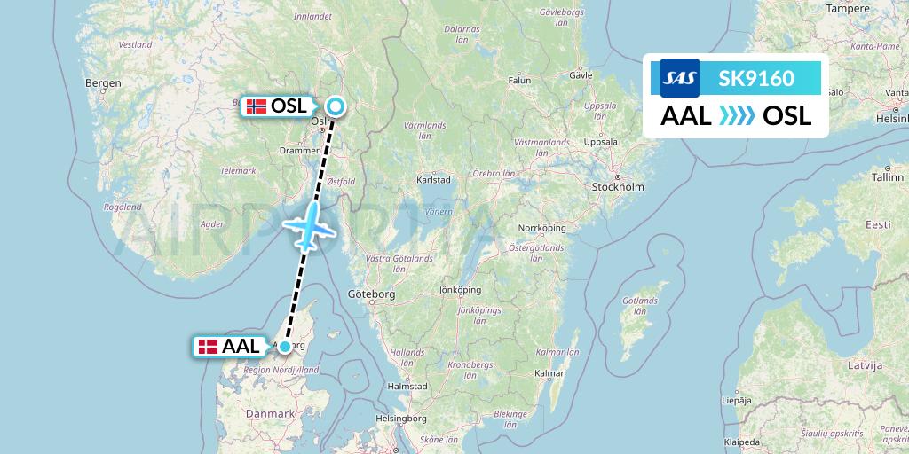 SK9160 SAS Flight Map: Aalborg to Oslo