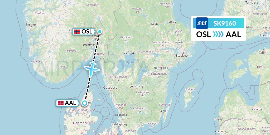 SK9160 SAS Flight Map: Oslo to Aalborg