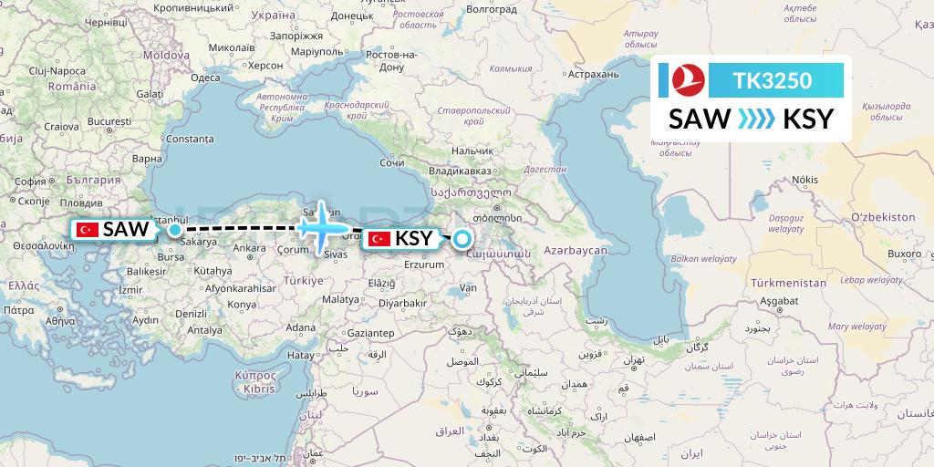 TK3250 Turkish Airlines Flight Map: Istanbul to Kars