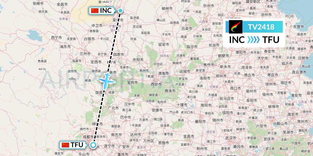 TV2418 Tibet Airlines Flight Map: Yinchuan to Chengdu