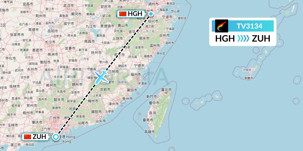 TV3134 Tibet Airlines Flight Map: Hangzhou to Zhuhai