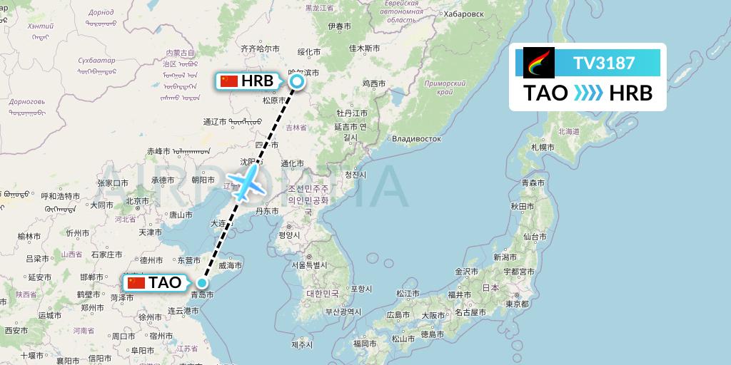 TV3187 Tibet Airlines Flight Map: Qingdao to Harbin