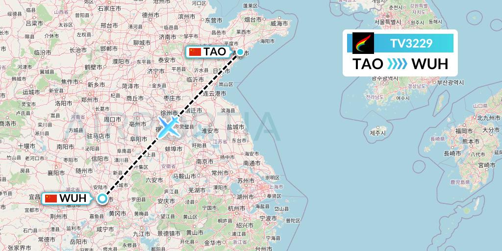 TV3229 Tibet Airlines Flight Map: Qingdao to Wuhan