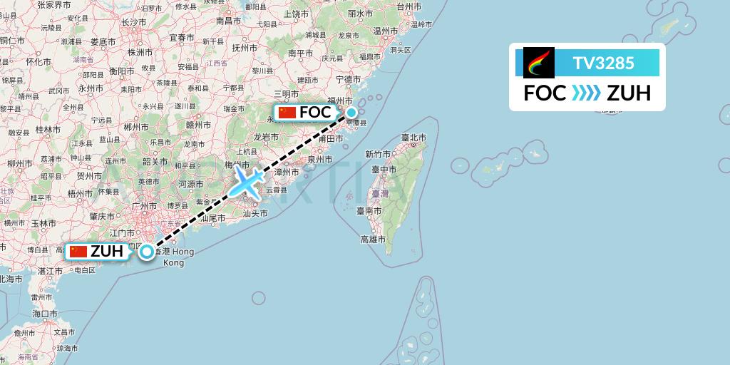 TV3285 Tibet Airlines Flight Map: Fuzhou to Zhuhai