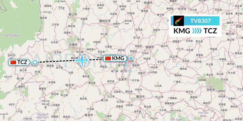 TV8307 Tibet Airlines Flight Map: Kunming to Tengchong