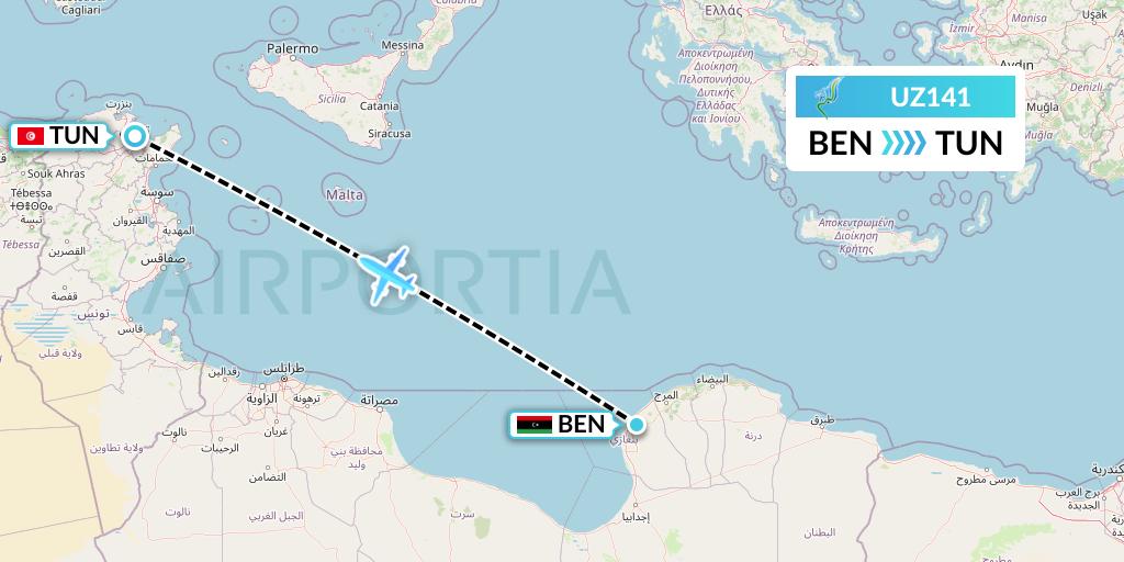 UZ141 Buraq Air Flight Map: Benghazi to Tunis