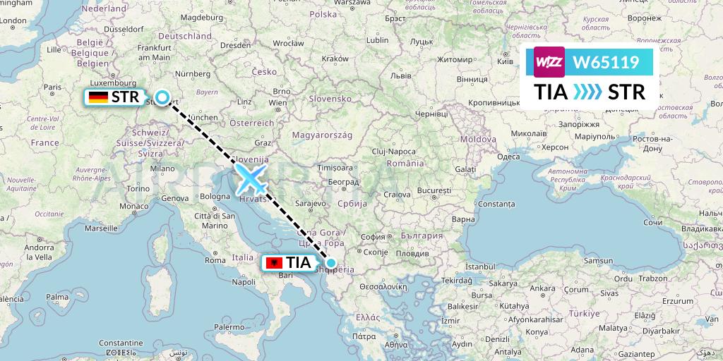 W65119 Wizz Air Flight Map: Tirana to Stuttgart