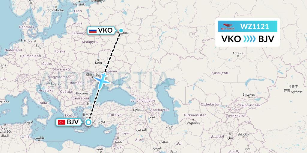 WZ1121 Red Wings Flight Map: Moscow to Bodrum