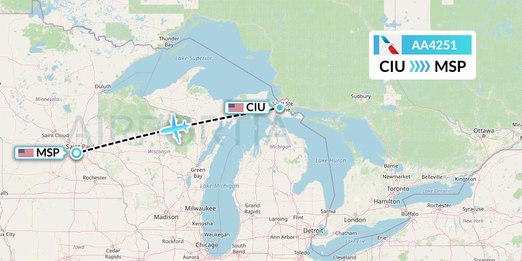 AA4251 American Airlines Flight Map: Sault Sainte Marie to Minneapolis