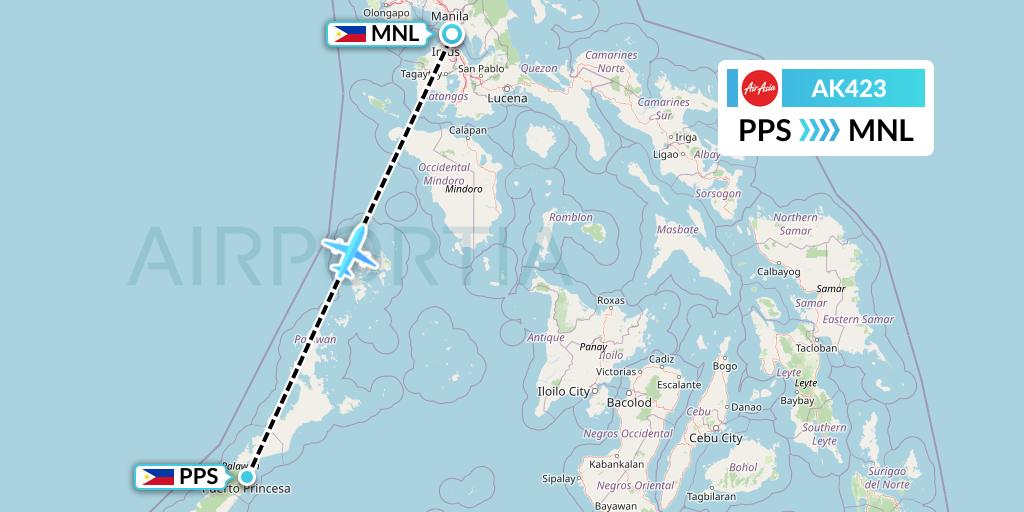 AK423 AirAsia Flight Map: Puerto Princesa City to Manila