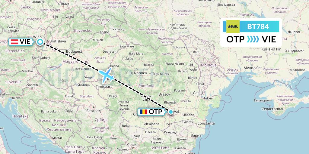 BT784 Air Baltic Flight Map: Bucharest to Vienna
