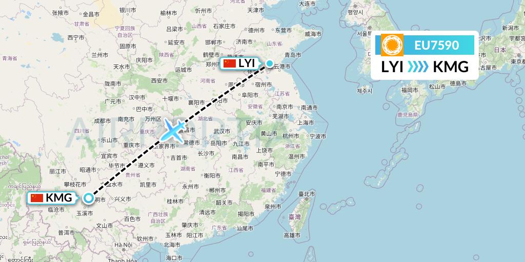 EU7590 Chengdu Airlines Flight Map: Linyi to Kunming