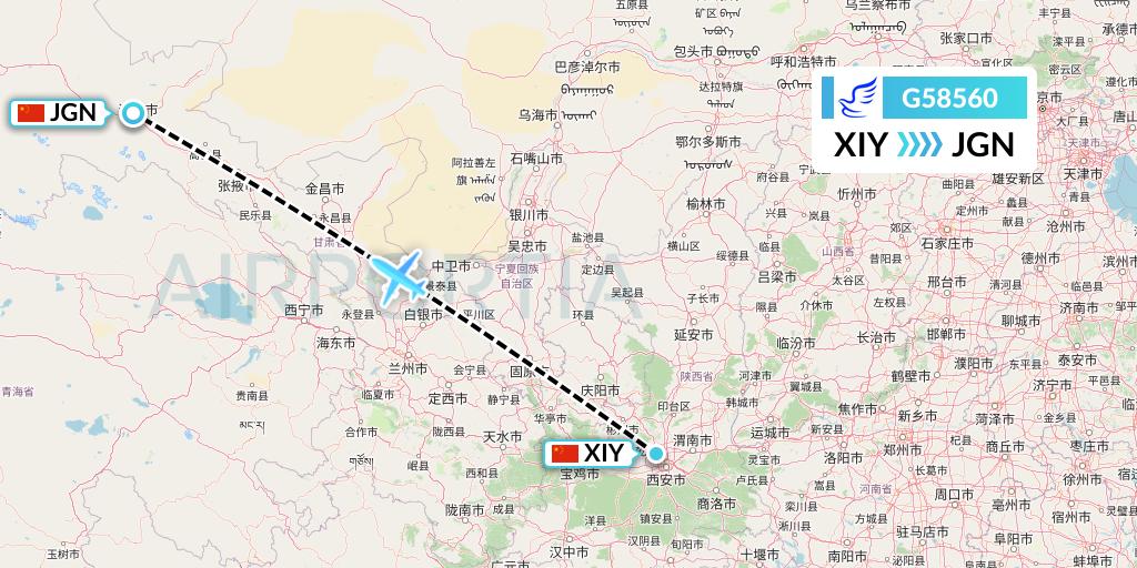 G58560 China Express Airlines Flight Map: Xi'an to Jiayuguan