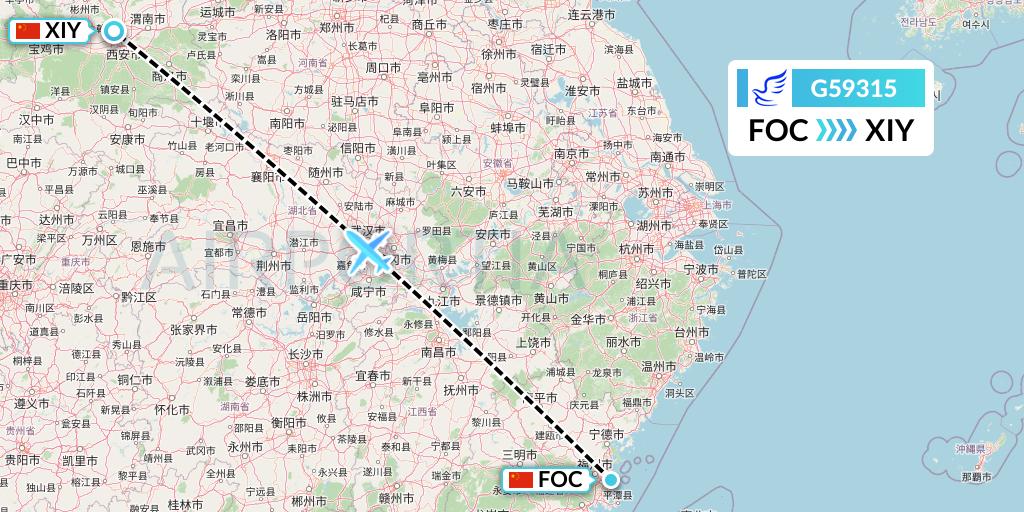 G59315 China Express Airlines Flight Map: Fuzhou to Xi'an