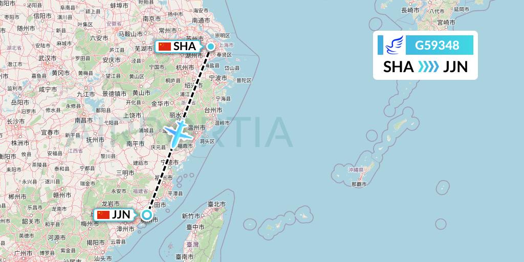 G59348 China Express Airlines Flight Map: Shanghai to Jinjiang