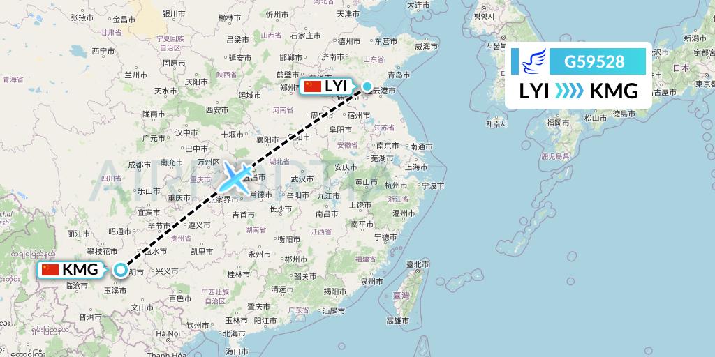 G59528 China Express Airlines Flight Map: Linyi to Kunming