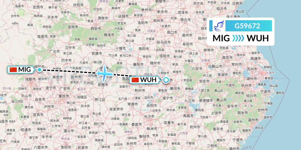 G59672 China Express Airlines Flight Map: Mianyang to Wuhan