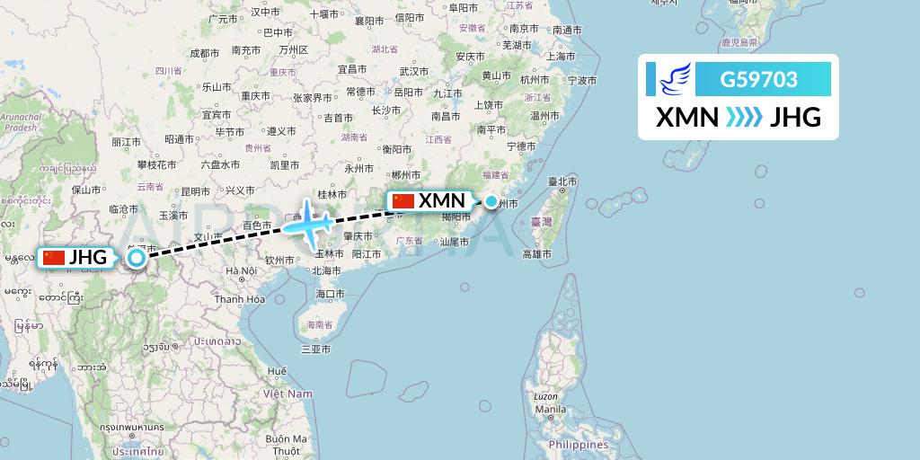 G59703 China Express Airlines Flight Map: Xiamen to Jinghong